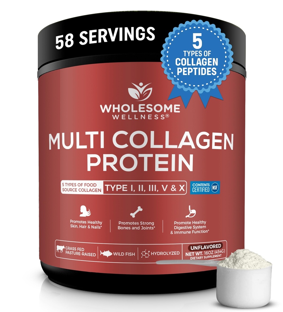 Gomme Wellness Premium Multi Collagen Peptides Protéines Poudre pour les femmes et les hommes, 5 types de collagène hydrolysé, gazonné, non-OGM et non aromatisé, Protéine pure pour la peau juvénile et la récupération articulaire