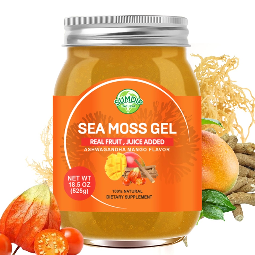 Sea Moss Gel, Raw Flavored Irish Seamoss Gel Immune en Digestieve Ondersteuning Vitamine Minerale Supplementen, Ashwagandha Mango smaak 18,5oz
