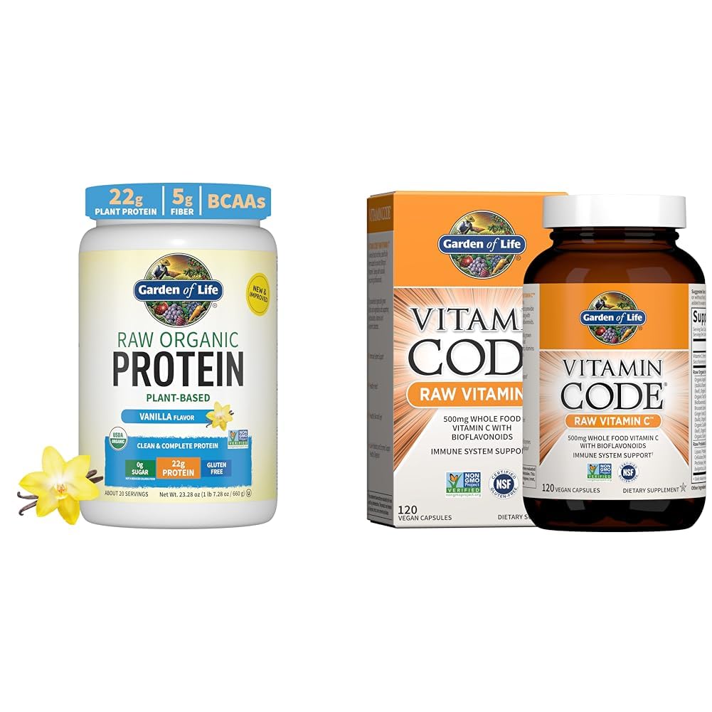 Tuin van het leven Biologische Vegan Vanille Proteïne Poeder 22g - Vitamine Code Vitamine C 120 Capsules Bundel