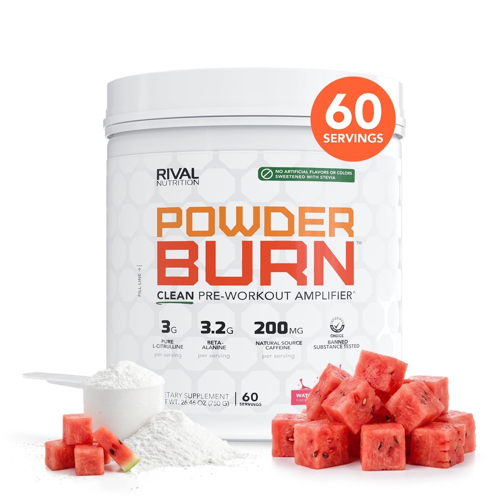 RIVAL NUTRIITION Poudre Brûler l'énergie avant le travail Poudre pour hommes et femmes I Pâte à la pastèque, 60 portions Ingrédients propres I 3g L-Citrulline, 3,2g Beta-Alanine et 200mg de caféine naturelle par portion