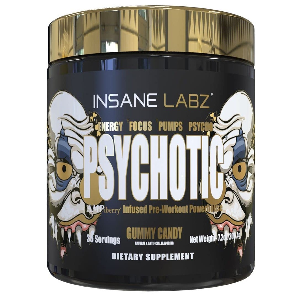 Insane Labz Psychotic Gold, High Stimulant Pre Workout Powder, Extreme Lasting Energy Focus, Pumps en Endurance met Beta Alanine, DMAE Bitrate, NO Booster (35 Servings, Gummy Candy)