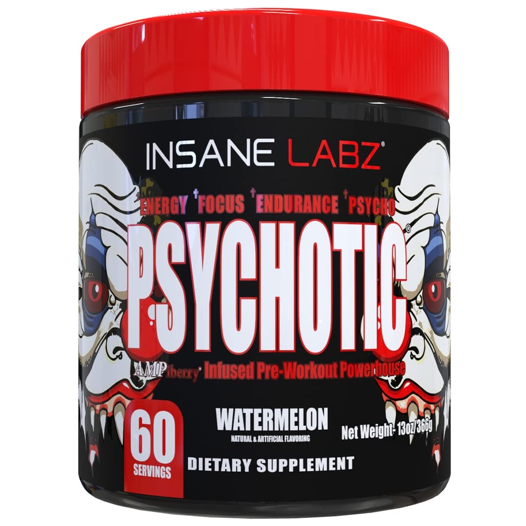 Insane Labz Psychotisch, High Stimulant Pre Workout Powder, Extreme Lasting Energy, Focus and Endurance met Beta Alanine, Creatine Monohydraat, DMAE, 60 Srvgs, Watermeloen
