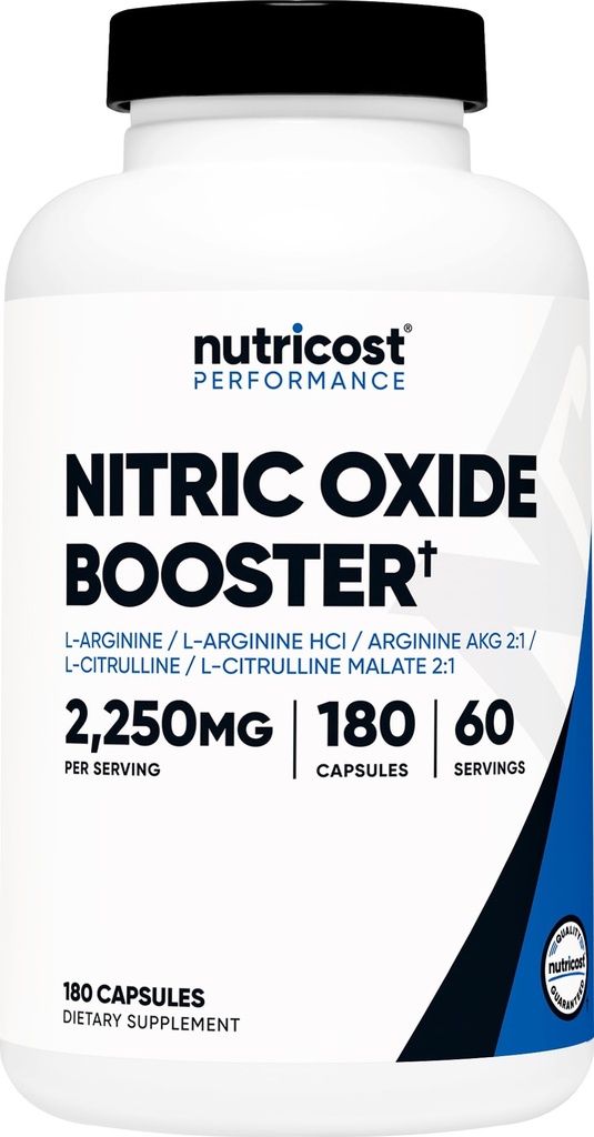 Booster à oxyde nitrique Nutricost 2250mg, 180 capsules - 750mg par casule, 60 portions - sans gluten et sans OGM