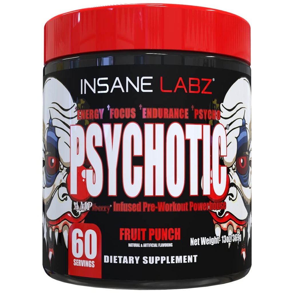Insane Labz Psychotic, High Stimulant Pre Workout Powder, Extreme Lasting Energy, Focus and Endurance with Beta Alanine, Creatine Monohydrate, DMAE, 60 Srvgs, Fruit Punch