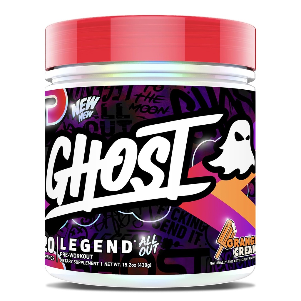GHOST Legend All Out poudre pré-entraînement, crème orange - 20 portions - Supplément pré-entraînement pour les hommes et les femmes - Énergie et pompes - caféine, Citrulline, Beta Alanine, Betaine, NO3-T sans sucre