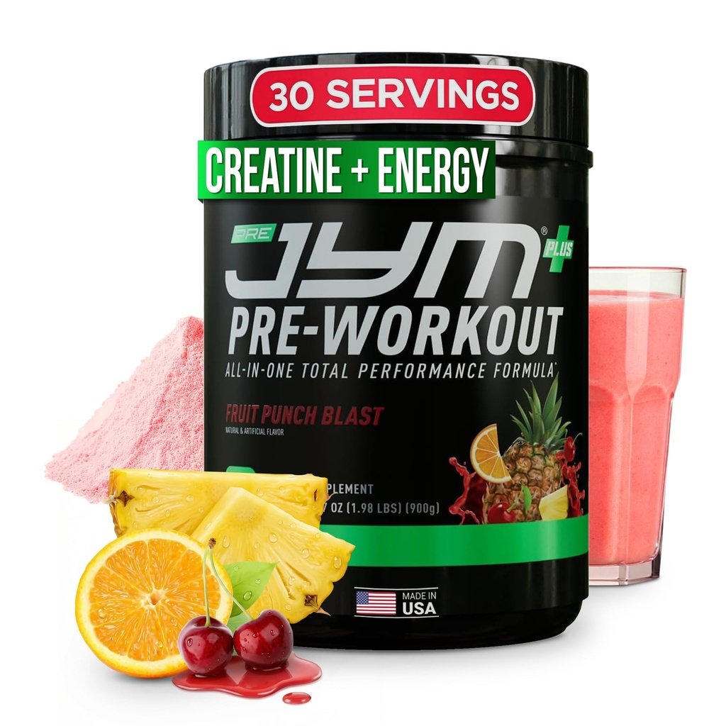 JYM Supplément Science Pre JYM Plus Fruit Punch Pre-Workout Powder, Amino Nitrates, Créatine, Betaine, Nootropics, BCAA, pour hommes et femmes, 30 portions