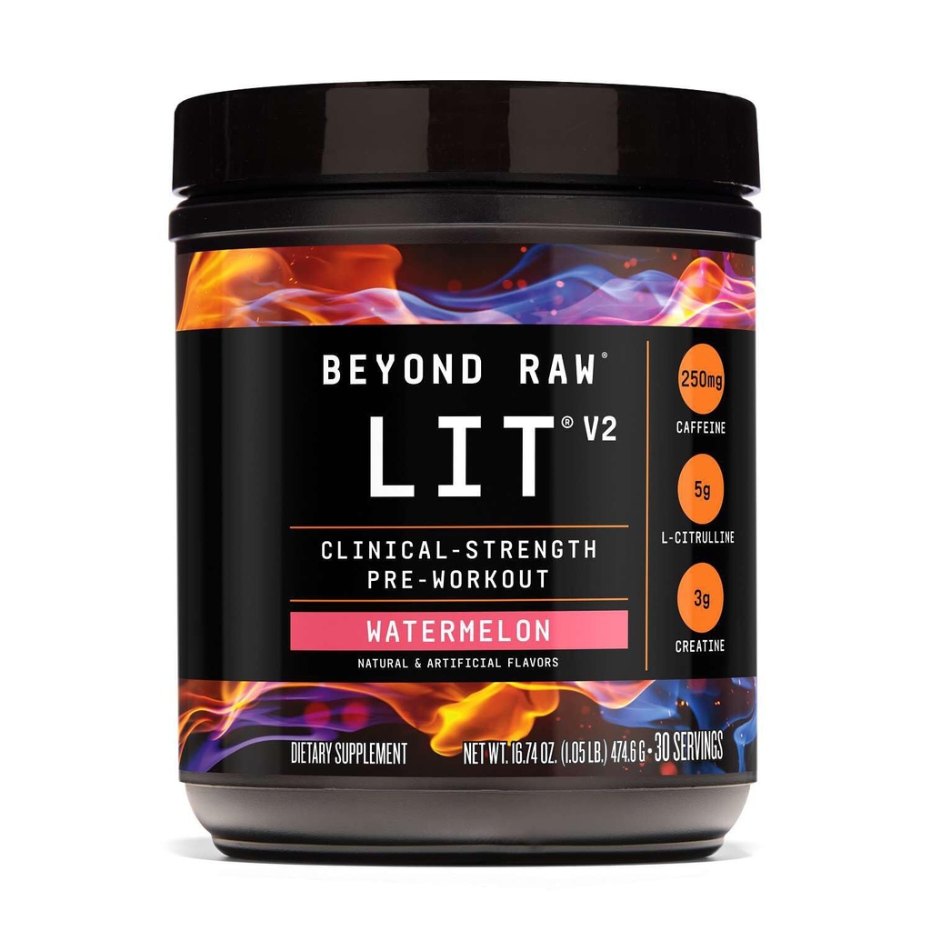 BEYOND RAW LIT V2 klinische kracht pre-workout poeder, Hits Harder, Grotere pompen, Cafeïne, L-Citrulline, Creatine, Watermeloen, 30 porties