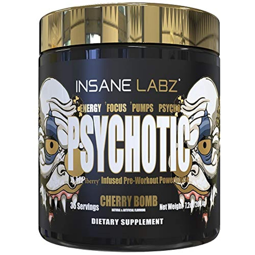 Insane Labz Or psychotique, Poudre de pré-entraînement stimulante, Focus d'énergie latente extrême, Pompes et Endurance avec Beta Alanine, Bitartrate DMAE, NO Booster (35 portions, Bombe à cerise)