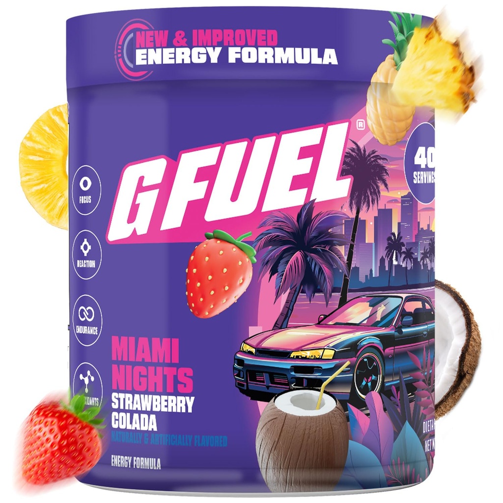 G Brandstof Miami Nachten 2.0 Energie Drinkpoeder, Pre-workout Cafeïne Mix voor Gaming, Suikervrije Focus Amino, Vitamine + Antioxidanten, 8.7oz (Strawberry Pina Colada, 40 Servers)