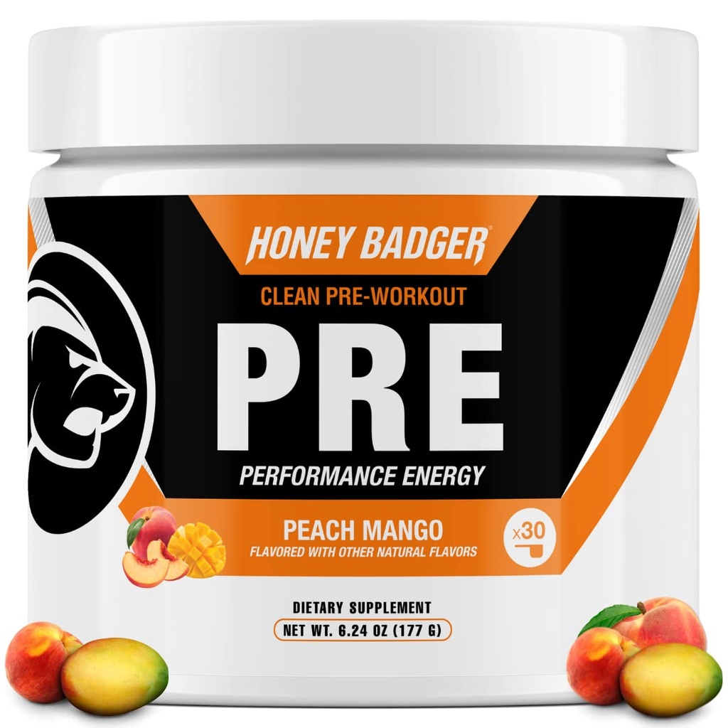 Blaireau de miel pré-entraînement poudre, Keto Vegan pré-entraînement pour les hommes et les femmes, Beta Alanine & caféine, supplément d'énergie naturelle sans sucre, pêche mangue, 30 portions