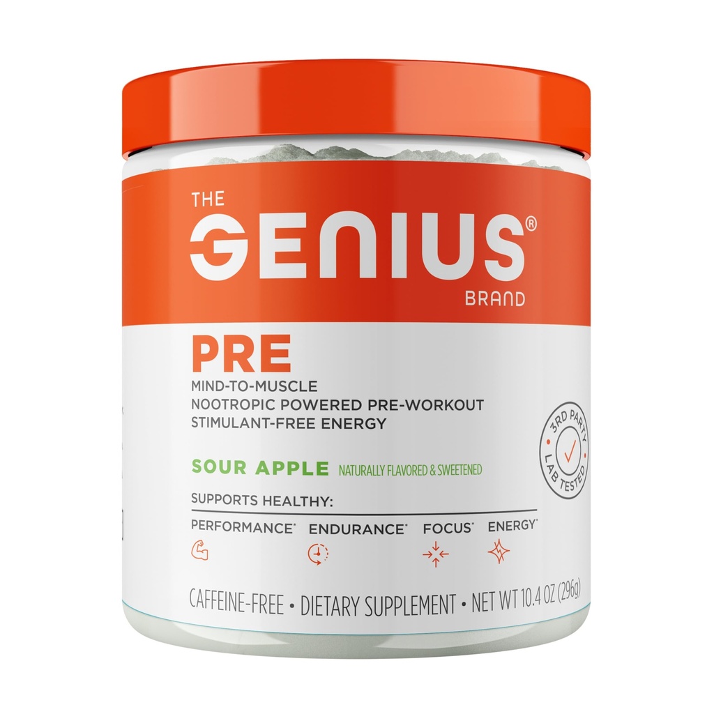 Genius Pre Workout Powder, Zure Apple - All-Natural Nootropic Pre-Workout & Cafeine-Free Nitric Oxide Booster Supplement met Beta Alanine & Alpha GPC - Geen kunstmatige smaken, zoetstoffen of kleurstoffen