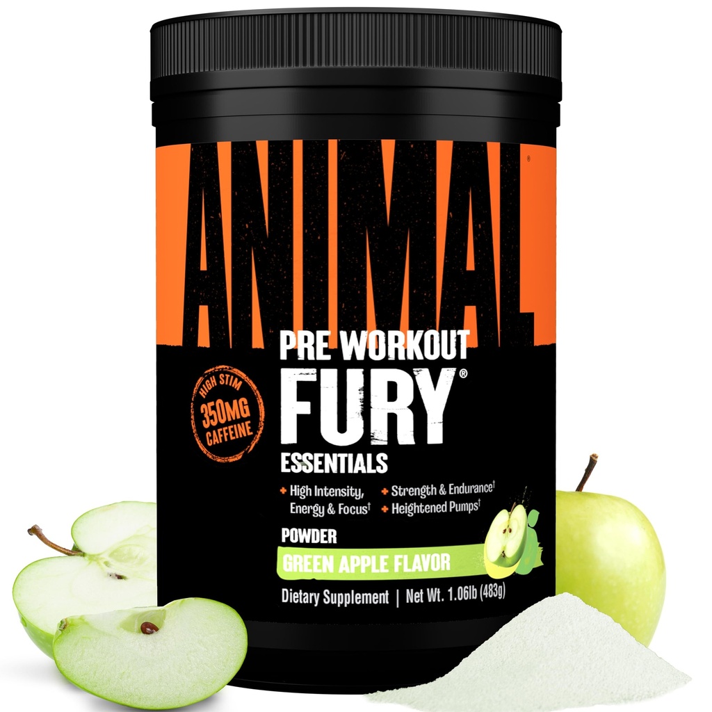 Animal Fury Pre Workout Powder - Green Apple, 350mg Cafeïne, BCAA Aminozuren, 2g Beta Alanine, Citrulline & Tyrosine, Energy, Focus, Strength, Endurance, Preworkout voor mannen en vrouwen, 30 porties