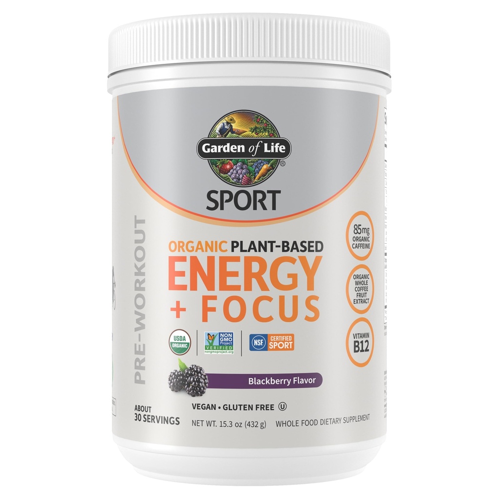 Jardin de la vie Sport Bio à base d'énergie végétale + Focus pur pré-entraînement poudre, avec 85mg de caféine, Natural No Booster, B12, végétalien, sans gluten, non-OGM, BlackBerry, 15.3 Oz