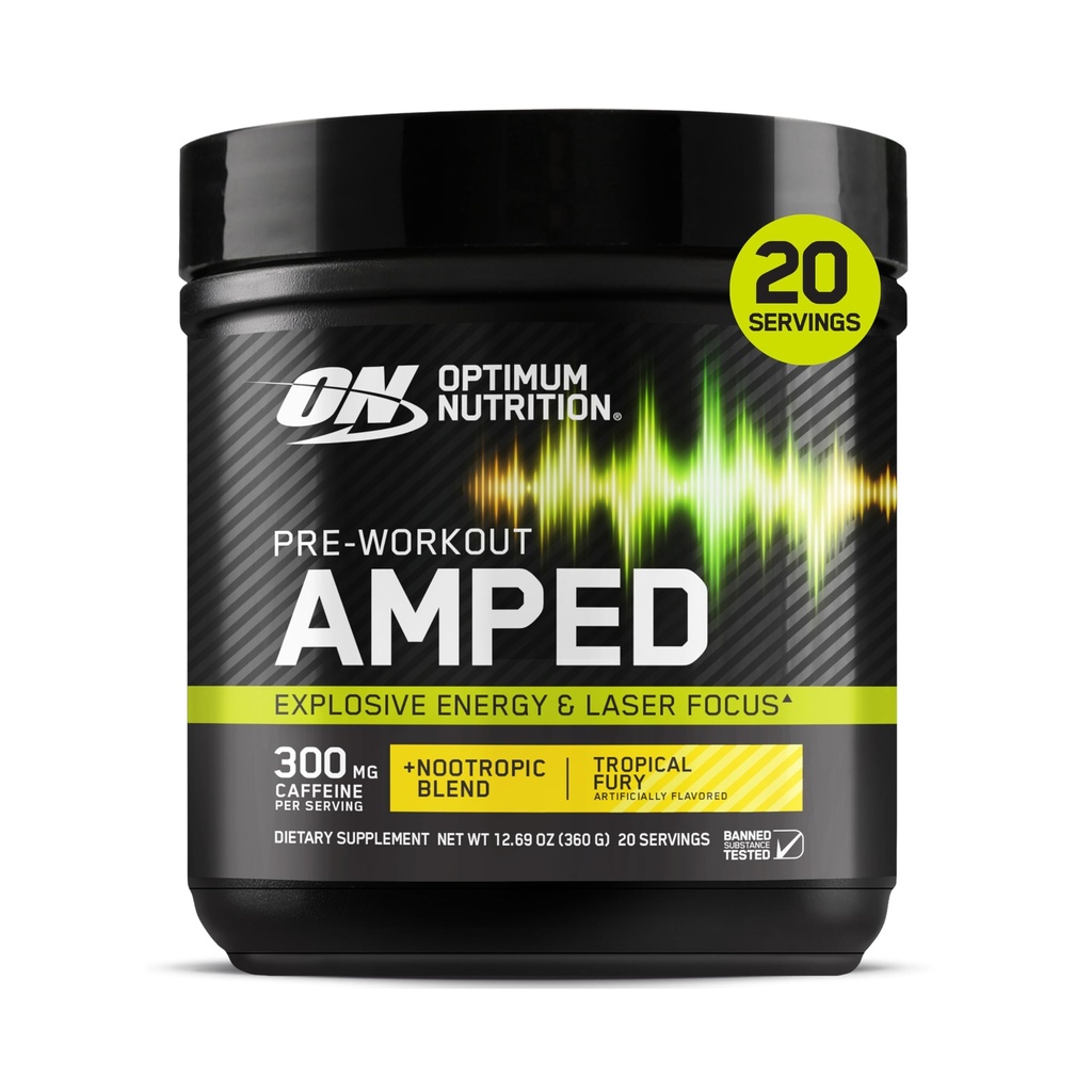 Optimum Nutrition Amped Pre-Workout, with Citrulline, Beta-Alanine, Nootropics and 300mg of Caffeine for Energy, Tropical Fury, 20 Servings (Packaging May Vary) | Pre-Workout with L-citrulline, Beta-Alanine, Electrolytes, Nootropic blend with 300mg of Caffeine & Neumentix(r), Zero Sugar