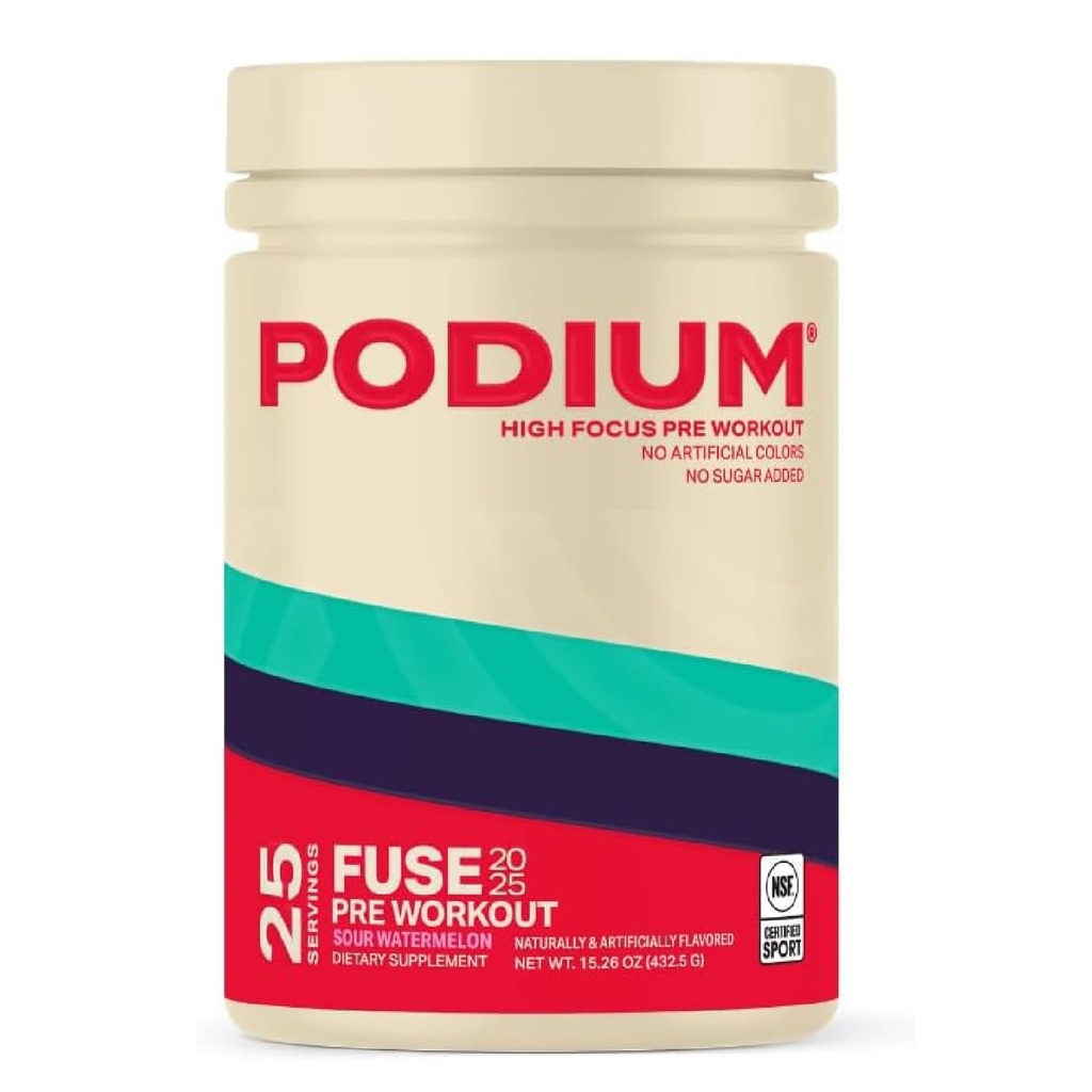 Podium Voeding, Fuse 2025 Pre Workout Poeder, Zure Watermeloen, 25 Servers, Beta Alanine en Cafeïne voor Energie, Glutenvrij, Sojavrij, Zuivelvrij