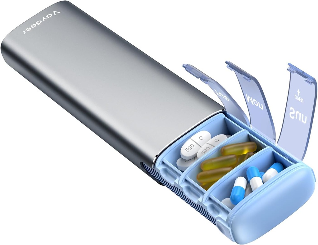 Vayadeer Metal Travel Pill Organizer, 7 dagen Weekly Pill Box, Grote Capaciteit Daily Cute Pill Case voor supplementen, pillen, vitamines en medicijnen (Kleine, Gunmetal)