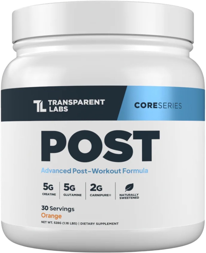 Transparante Labs Post - Post-workout Recovery Muscle Builder w/L-Glutamine, Creatine Monohydraat, & Carnipure L-Carnitine L-Tartrate for Muscle Recovery & Building - 30 Servers, Orange