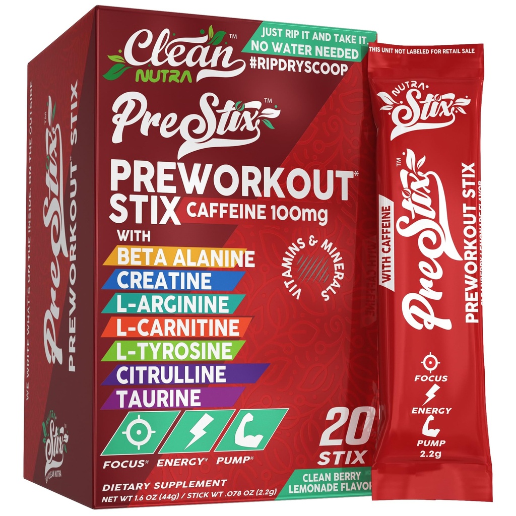 Clean Nutraceuticals Pre Workout Powder Energy Sticks - Cafeïne 100mg, Energie Drink Mix, Creatine Monohydraat, Beta Alanine, L-Citrulline, L-Tyrosine, L-Carnitine, Elektrolyte Hydration Packets 20 Ct