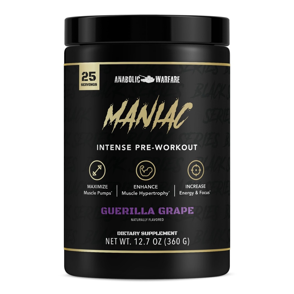 Anabolic Warfare Black Series Maniac, poudre pré-entraînement, soutient l'oxyde nitrique, les pompes musculaires et la synthèse des protéines*