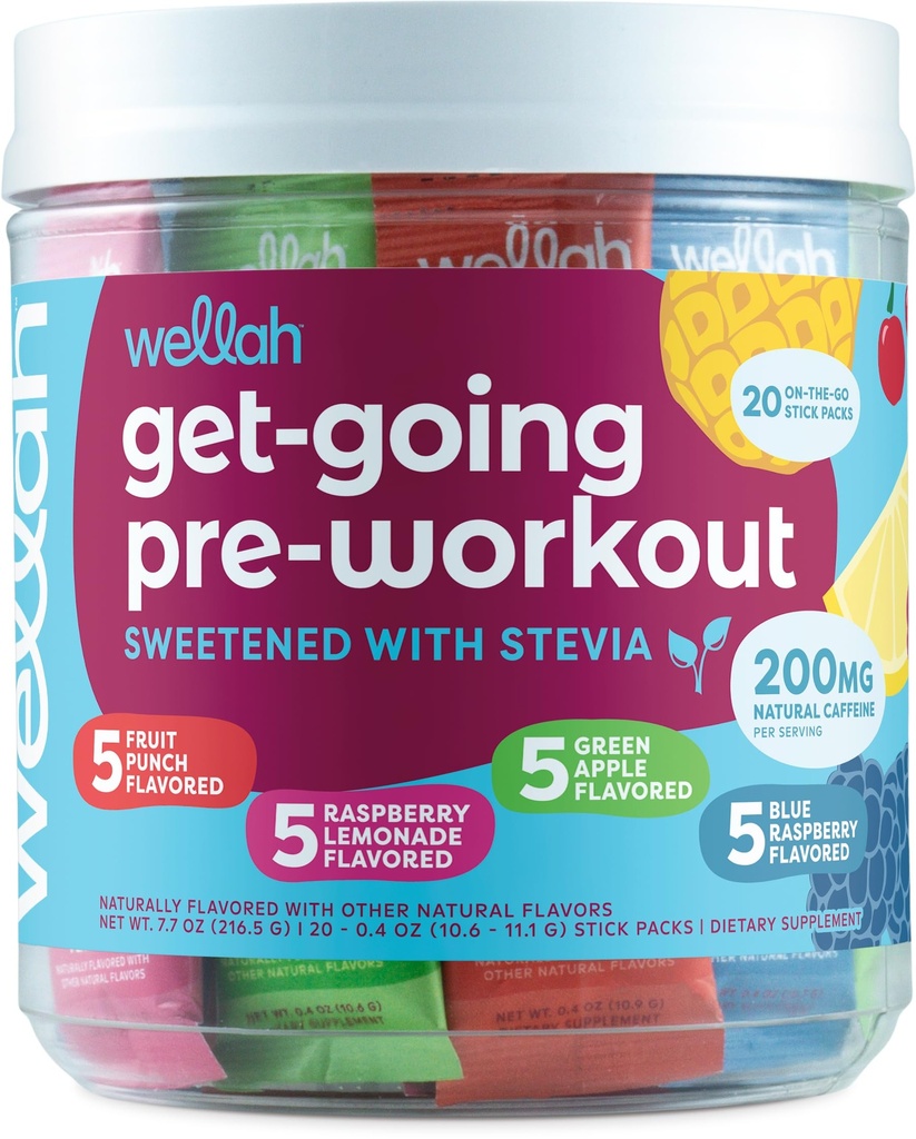 Pack de variétés pré-entraînement de Wellah Get-Going (20 Stick Packs) - 200mg de caféine naturelle, Stevia-Sweetened, avec le malate de Citrulline et L-Theanine, et 1000mg de bêta-alanine