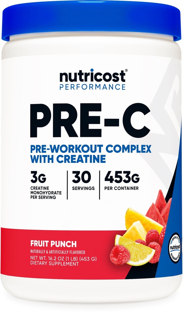 Nutricost Pre-C Pre-Workout Complex with Creatine (Fruit Punch | 30 Servings) Powder - Boost Fintess Routines, 453g