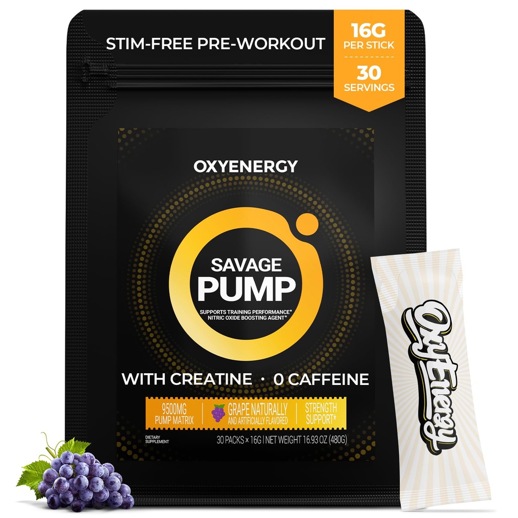 OxyEnergy Nitric Oxide Booster, Max Pump Non Stim Pre Workout Powder for Men, with Beta Alanine, L Citrulline, Createine for Circulation, Muscle Pumps, Endurance, Grape, On-The-Go Packet- 30 Servers