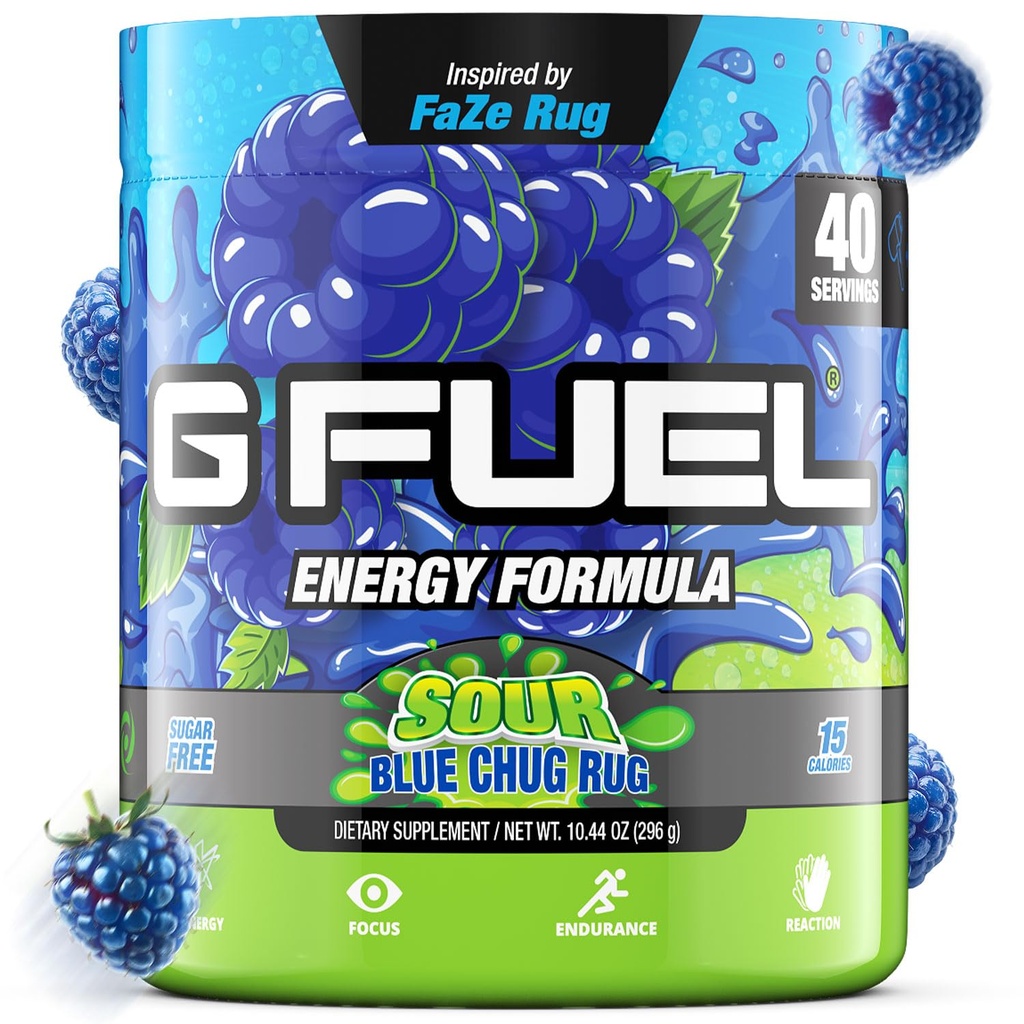 G Fuel Chug Rug Energie Drinkpoeder, Pre-workout Cafeïne Mix voor Gaming, Suikervrije Focus Amino, Vitamine + Antioxidanten, 10.44oz (Zure Blauwe Raspberry, 40 Servers)