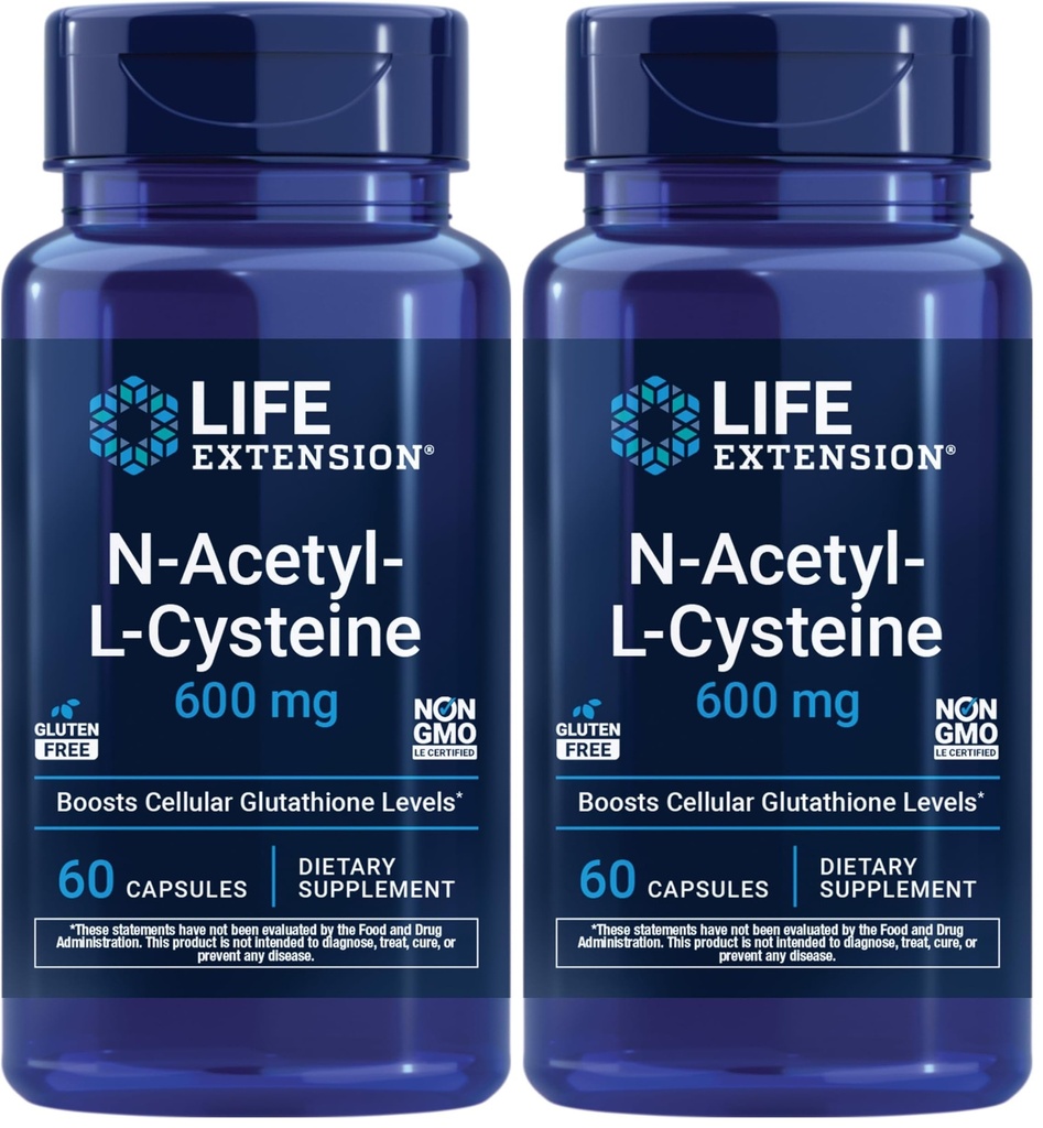 Life Extension N-Acetyl-L-Cysteine (NAC), Immune, Respiratory,Liver Health,NAC 600 mg, Potent antioxidant Support,Free-radicals,Easy to Absorb,60 Capsules,(Pack of 2)