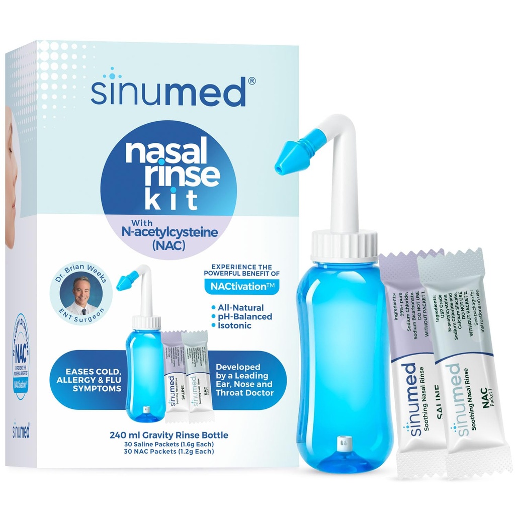 Sinus Rinse, 60PK Nasal Rinse Packets met NAC en Saline, Gravity Rinse Bottle, alternatief voor Neti Pot, helpt met Allergie, Congestie, Koude Symptomen (Gravity Bottle met NAC 60PK)