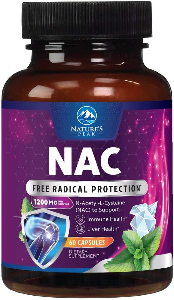 Supplément NAC - 1200mg par portion N-acétyl-L-Cysteine – Support immunitaire d'absorption optimale avec des antioxydants puissants - Support respiratoire et de santé du foie - Sans gluten, mis en bouteille aux États-Unis - 60 Capsules