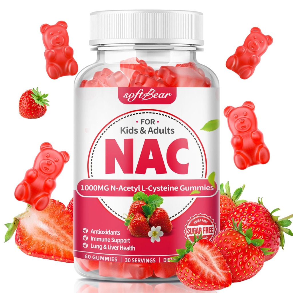 softbear NAC Gummies for Kids & Adults, Supplément NAC 1000mg N Acetyl Cysteine soutient la santé pulmonaire et du foie, les antioxydants et le système immunitaire, fraise Flavor 60 Comte