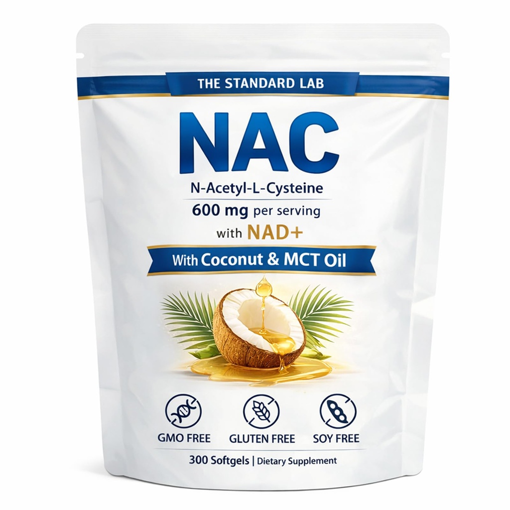 Le laboratoire standard NAC 600mg avec NAD+ Complexe quotidien, capsules de supplément N-acétyl Cysteine, formule de soutien antioxydant, végétalien, non-OGM, sans gluten, 300 softgels