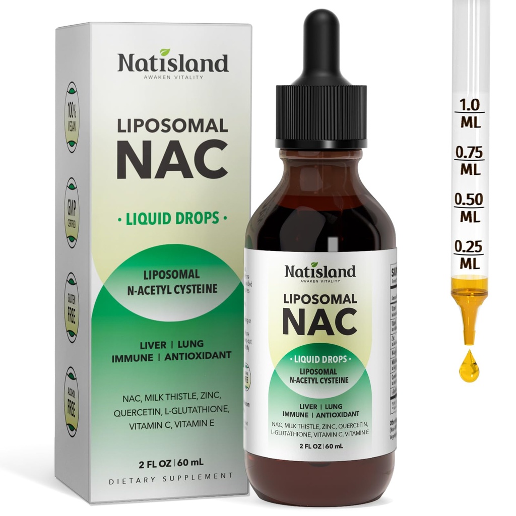 Liposomal Liquid NAC Drops, NAC Supplement N-Acetyl Cysteine, NAC 600 mg met melkdistel & quercetine voor volwassenen & kinderen, lever & long, immuun & antioxidant ondersteuning, huid & cellular Health, 2 Fl Oz