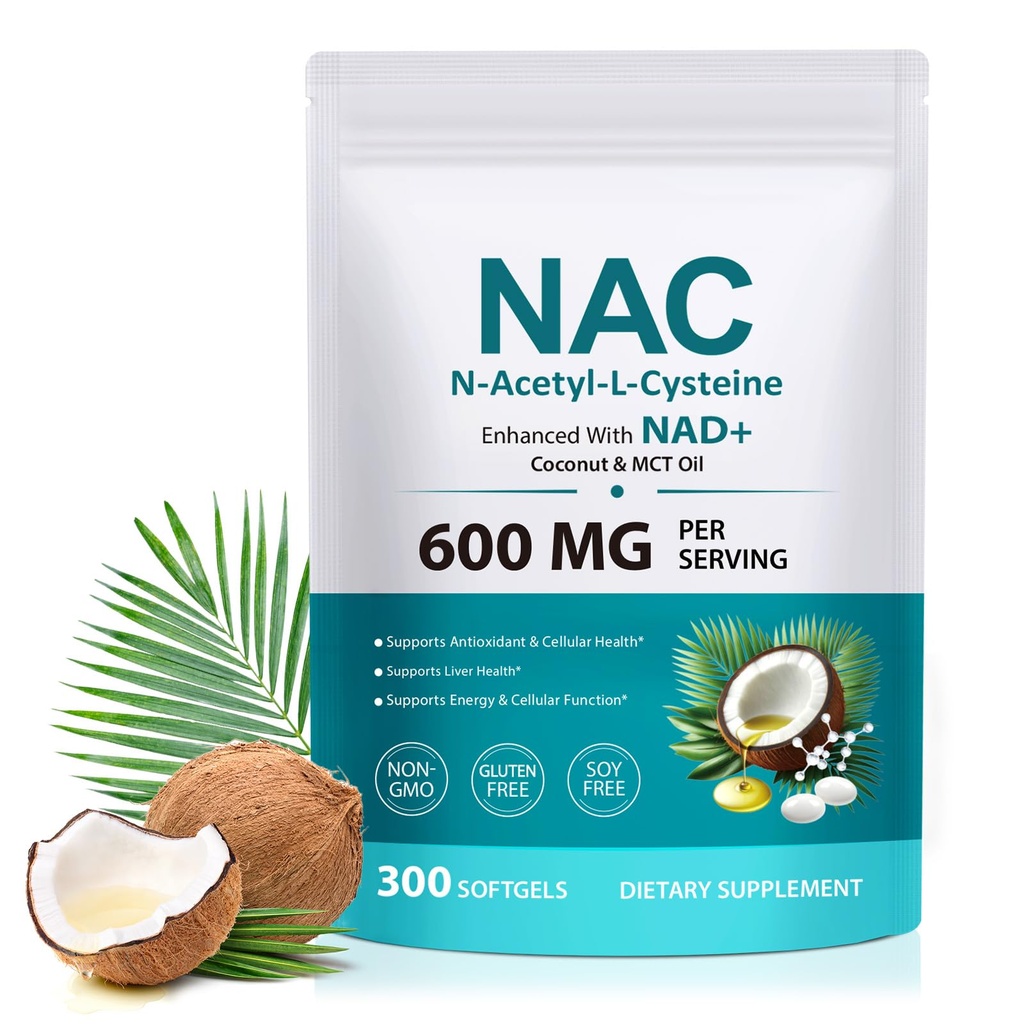 Supplément AIQIUSHA NAC 600mg, N-acétyl Cysteine Softgels avec huile de noix de coco et MCT, soutien de bien-être quotidien, non-OGM, sans gluten, 300 Softgels