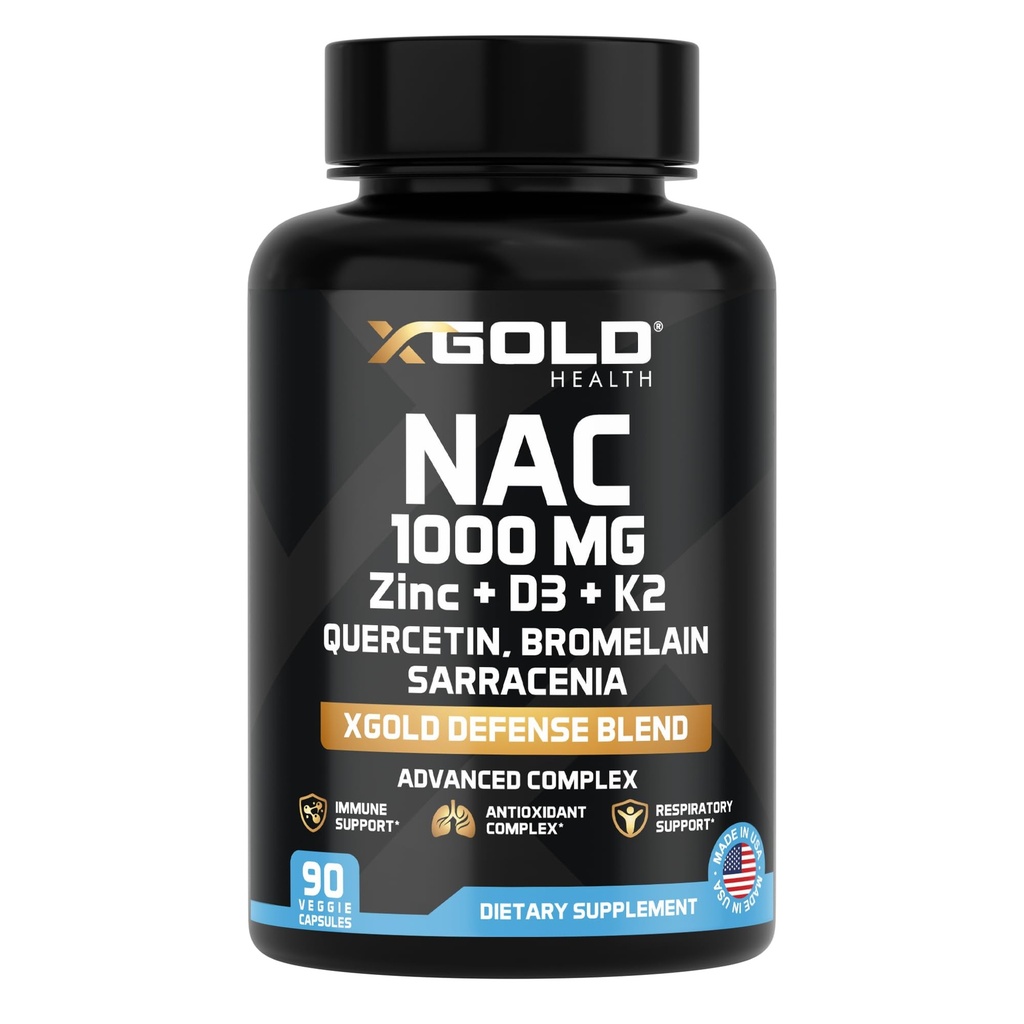 XGold Health NAC 1000 mg met quercetine 95%, bromelaïne, zink, vitamine C, D3 & K2 Immuunondersteuning & antioxidantsupplement Advanced Defense Blend 90 Veggie Capsules
