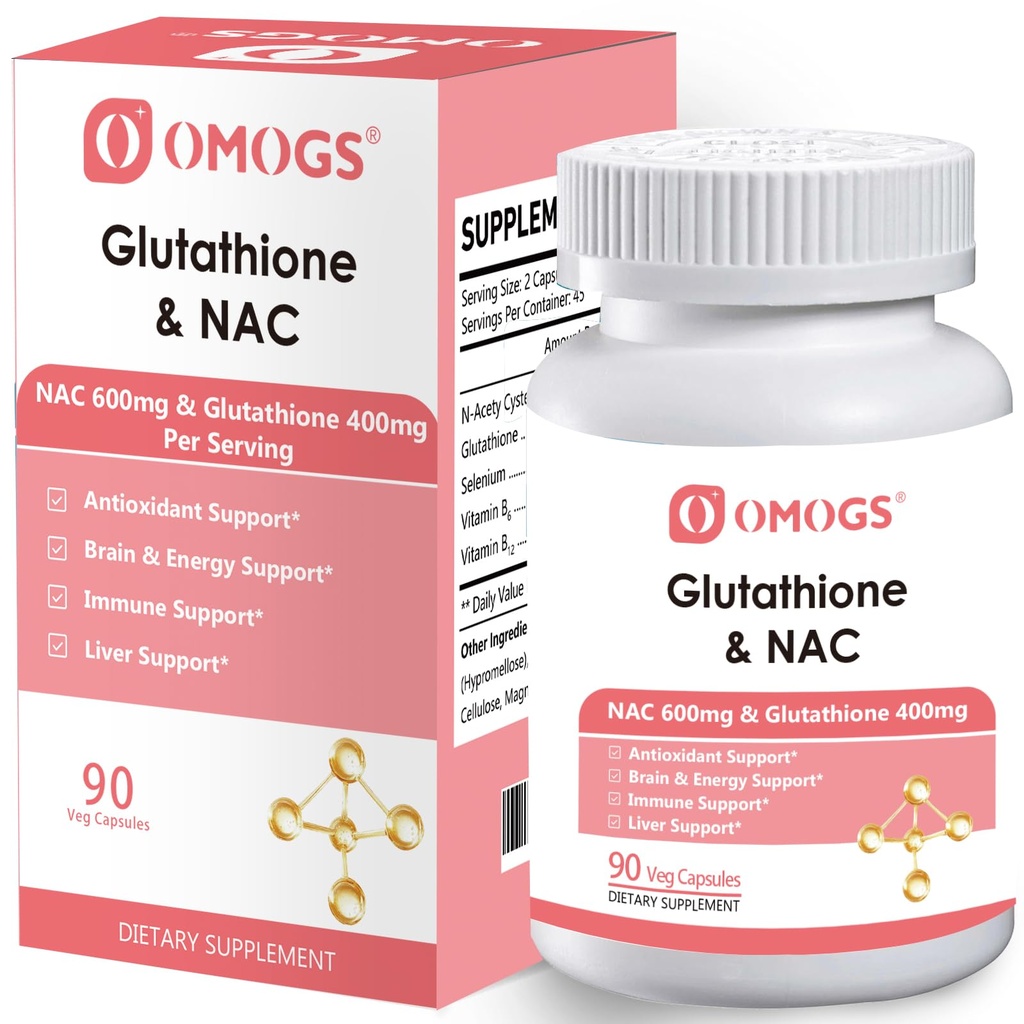 OMOGS Glutathione et supplément NAC, avec la vtamine B & Sélénium, soutient la santé du foie, cellulaire, antioxydant, production d'énergie et immunitaire, végétalien et sans gluten, 90 capsules veg.