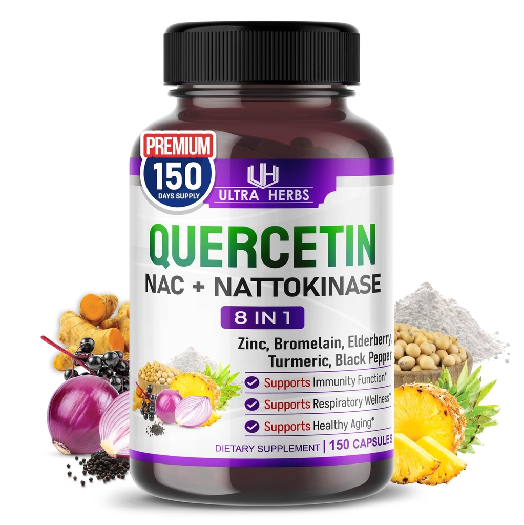 Quercetine Supplement met bromelaïne, vitamine C en zink, Nattokinase, NAC, vlierbessen, vlierbessen 