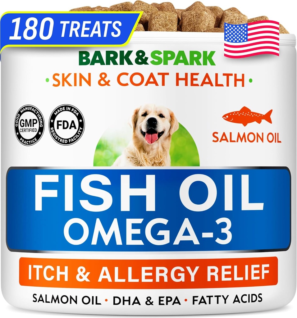 BARK&SPARK Omega 3 voor honden - 180 Vish Oil Treats for Dog Shedding, Skin Allergie, Itch Relief, Hotspots Treatment - Joint Health - Skin and Coat Supplement - EPA & DHA Fatty Acids - Canine Salmon Oil