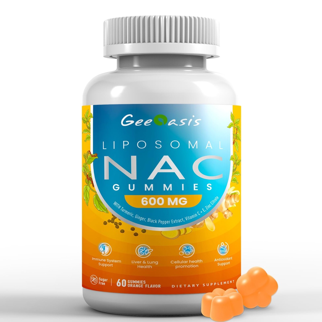 Liposomal NAC Gummies 600mg, N-Acetyl Cysteine Supplement voor kinderen & volwassenen, met Kurkuma, Gember, Zwarte Peper, Immune, Lever & Lung Ondersteuning, Antioxidant, Suikervrije Ananas smaak, 60 Counts
