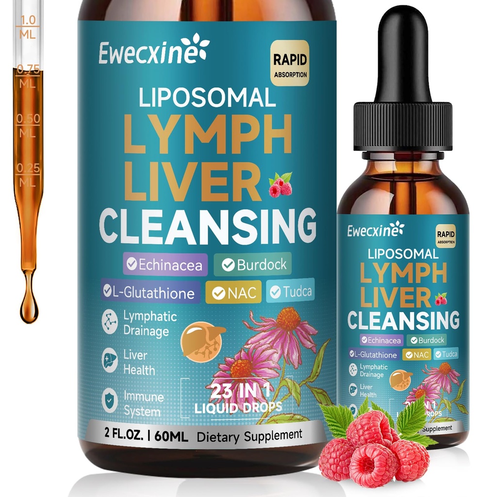 Drainage lymphatique liposomique et gouttes de nettoyage du foie, 23-en-1 avec Echinacea, NAC, TUDCA, L-Glutathion, Burdock pour Lymph, Detox du foie et réparation, Immune Support, Raspberry Flavor, 2 fl oz Supplément