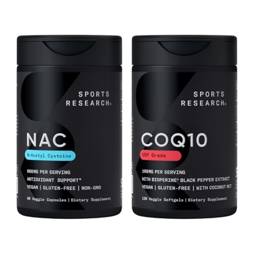 Sports Research® Antioxydant Support Pack - N-acétyl L-Cysteine (NAC) 600mg, CoQ10 100mg Enhanced w/Coconut Oil & Bioperine - Vegan · Non-OGM · Sans gluten