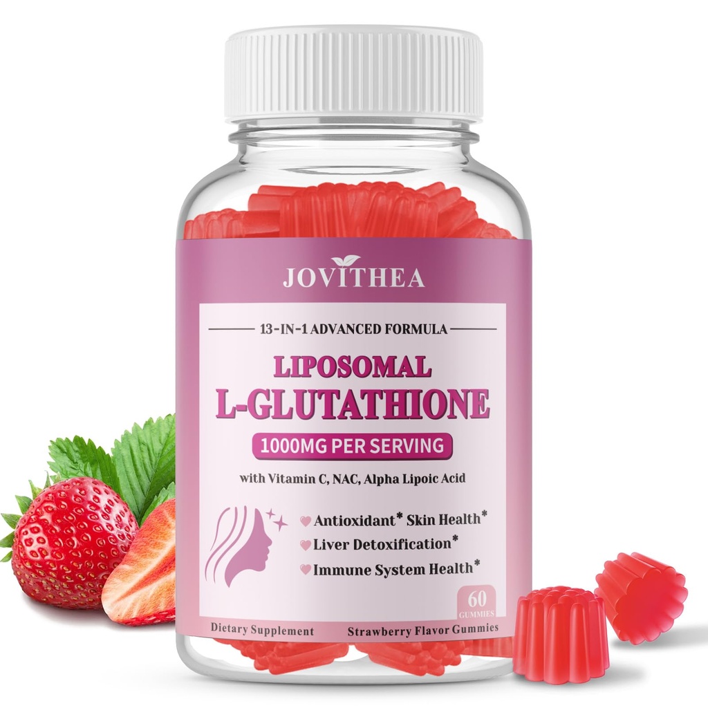 Gommies de glutathion liposomique 1000mg, supplément de glutathion à haute absorption avec vitamine C, NAC, chardon de lait pour la santé de la peau, Détox hépatique & Immune, végétalien, sans sucre, saveur de fraise, 60 comte