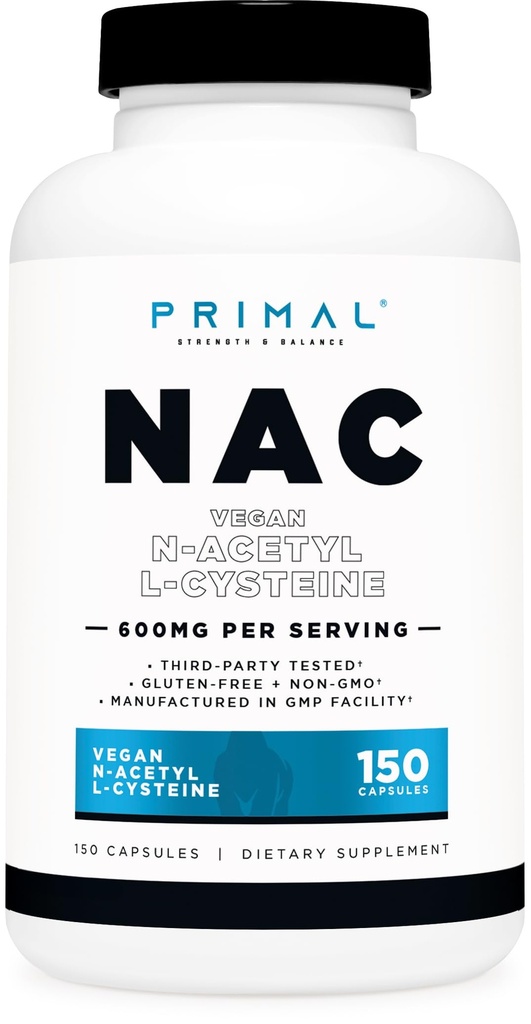 Primal N-Acetyl L-Cysteine (NAC) 600mg, 150 Capsules - Vegan N-Acetyl L-Cysteine supplement, GGO-vrij, glutenvrij