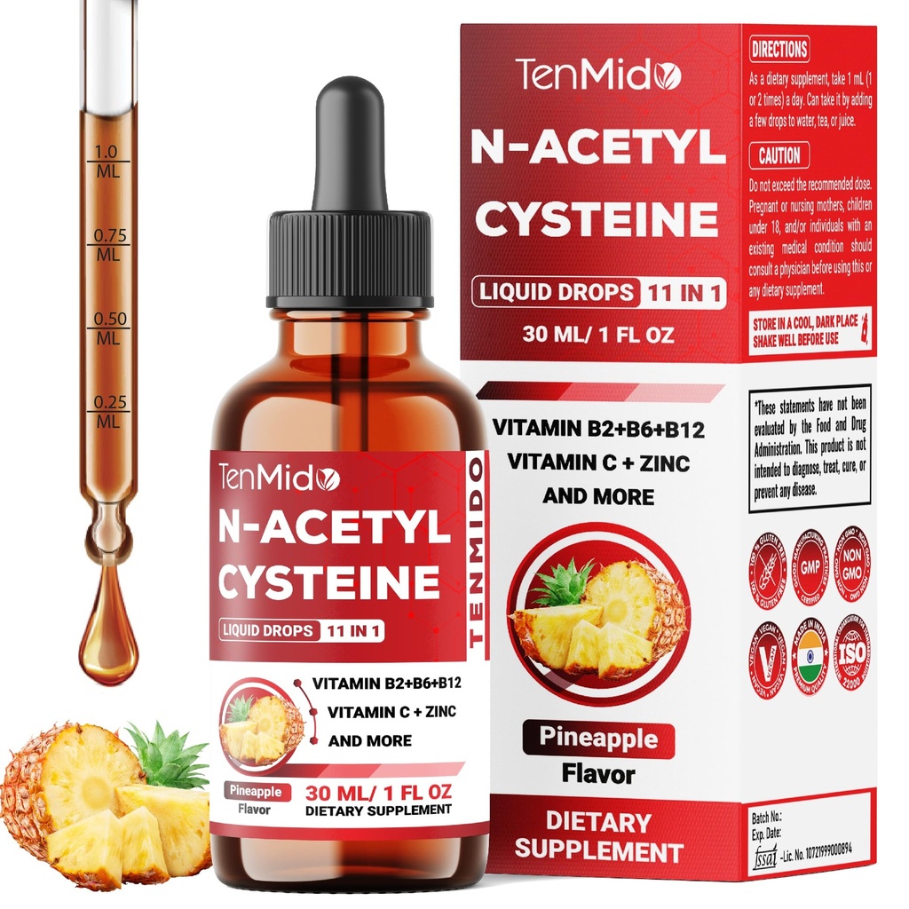 11in1 Nac Supplement N-Acetyl Cysteine vloeibare druppels met quercetine, B-complex, selenium, glutathion, bromelaïne, melkdistel, en meer - 30ml 1 Fl Oz