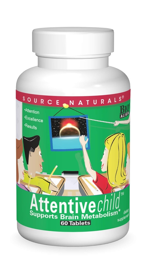 Source Naturals Attentive Child - Nutriments cognitifs sains pour les enfants actifs - Accent et attention améliorés avec DMAE, Magnésium, Zinc et Extrait de graines de raisin - 60 comprimés