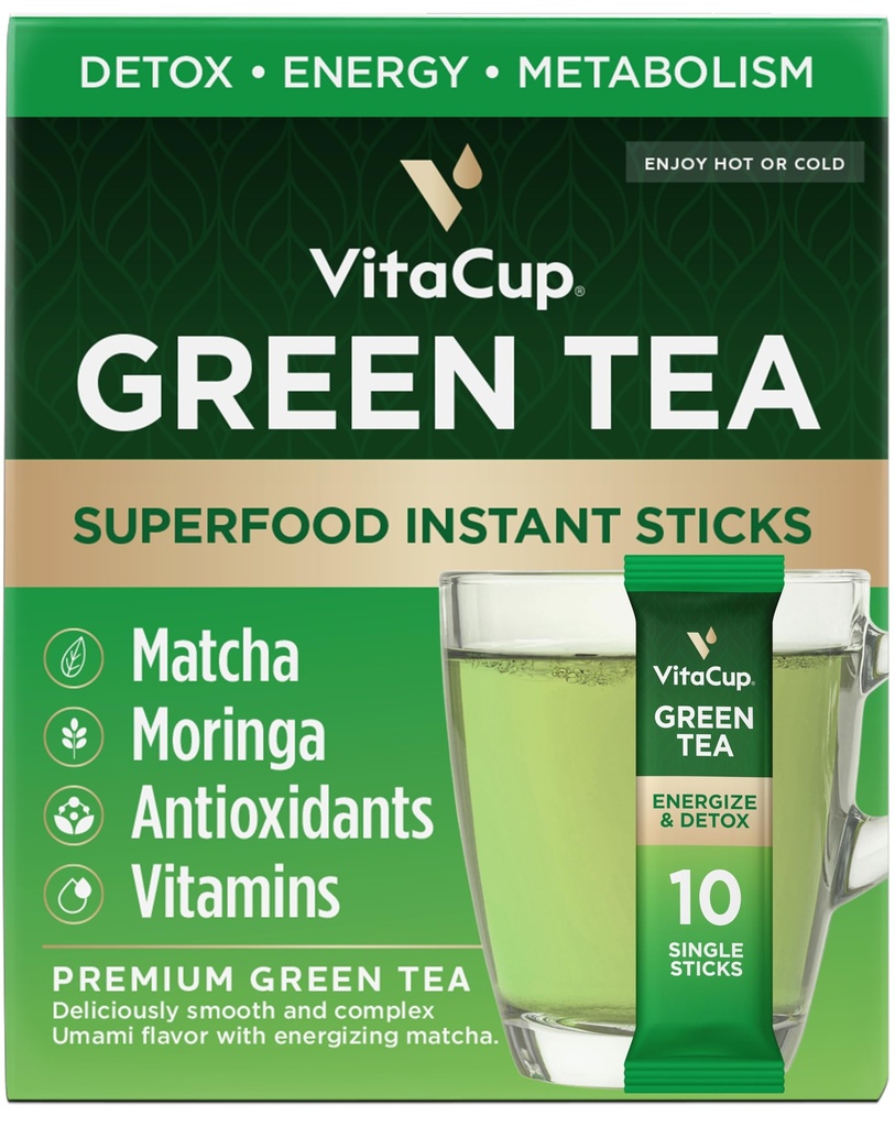 Paquets instantanés de thé vert VitaCup, améliorer l'énergie et la désintoxication avec Matcha, Moringa, B Vitamines, D3, Fibre, Keto, Paléo, Vegan en poudre de thé bâtons de service unique, 10 Ct
