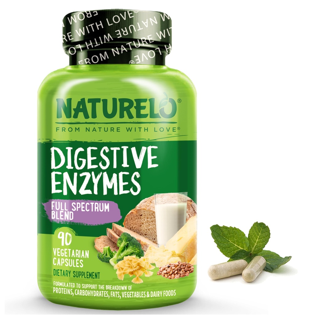 NATURELO Decompensative Enzymes - Volledige Spectrum Ondersteuning met een brede Blend van 15 Enzymes Plus Ginger - 90 Vegan Capsules