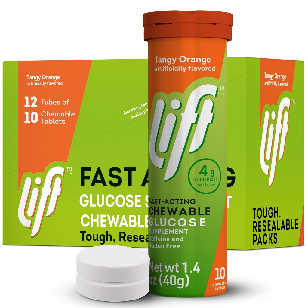 Lifting Glucose à action rapide Glucose Comprimés d'énergie à mâcher, orange, tube 10 ct (paquet de 12)