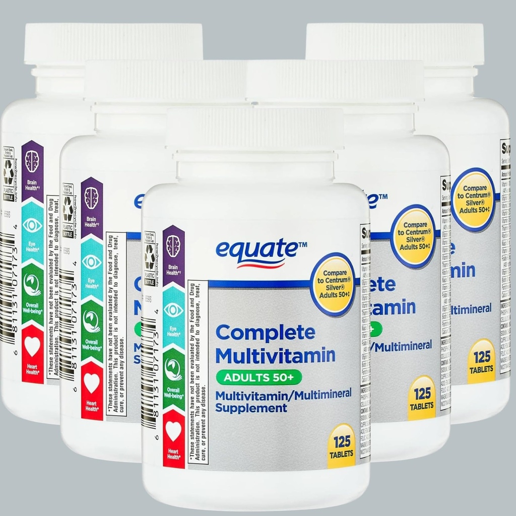Equate Adult 50+ One Daily Complete Multivitamine Multiminerale Supplement Tablets, Healthy Brain* - Vergelijk met Centrum Silver, 125 Pillen (Pack of 1)