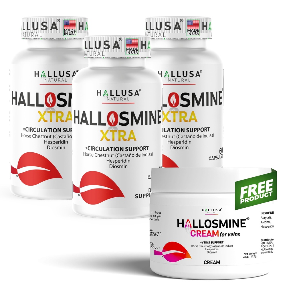 Hallosmine Xtra 850mg Diosmin Hespéridin & Horse Chestnut, 180 Capsules + Crème Jambe GRATUITE avec Diosmin, Hespéridin & Horse Chestnut, 4 oz.